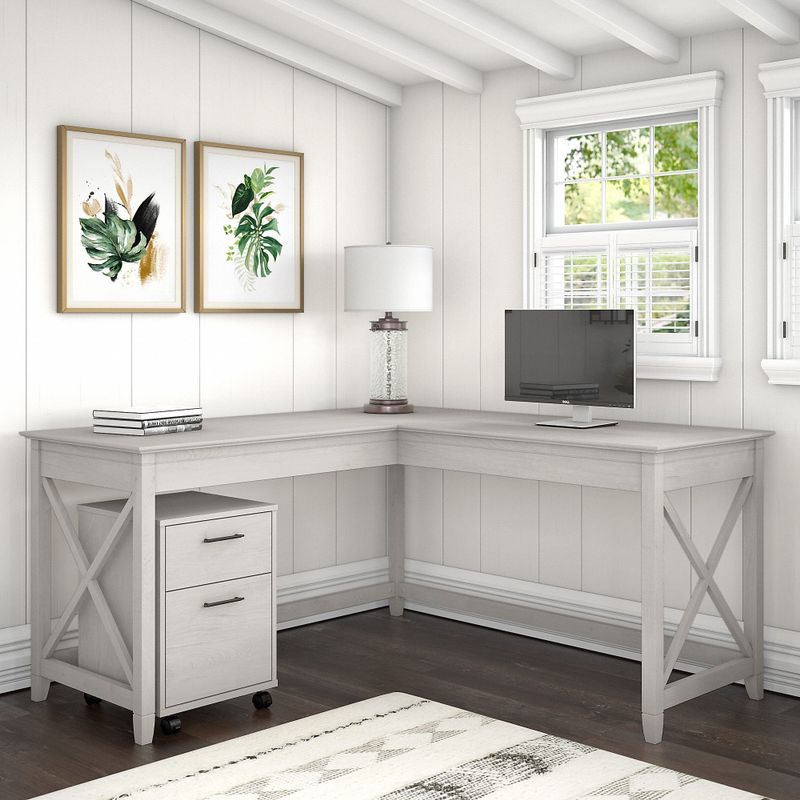 Key West 60W L Shaped Desk with Mobile File Cabinet by Bush Furniture - Shiplap Gray/Pure White