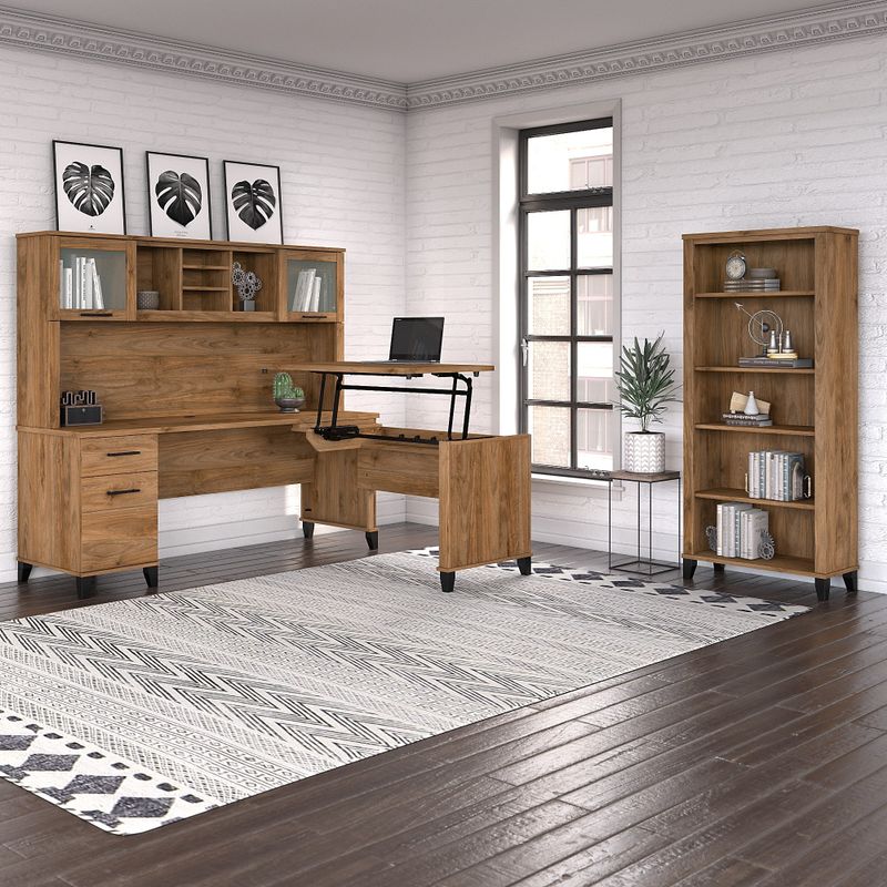 Somerset 72W Sit to Stand L-Desk with Hutch and Bookcase in Ash Gray - Maple Cross