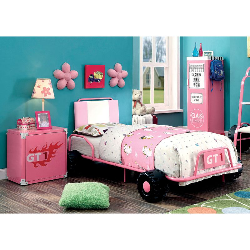 Furniture of America Feln Modern Metal Racing Bed and Nightstand Set - Pink
