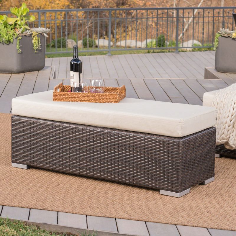 Santa Rosa Outdoor Wicker Bench with Cushion by Christopher Knight Home - Multi Brown + Beige