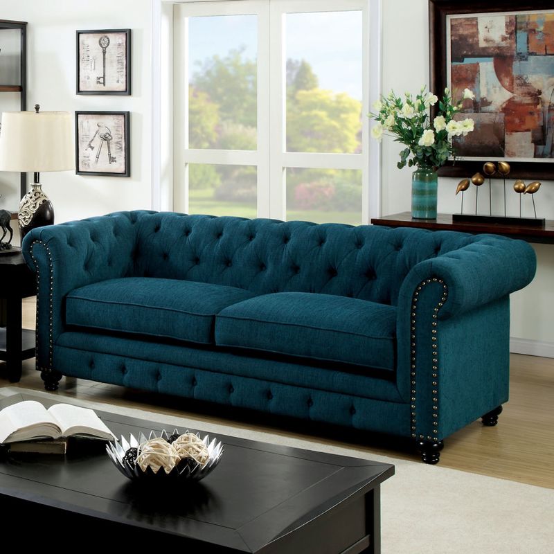 Furniture of America Staffers Traditional Deep Tufted Tuxedo Style Sofa - Dark Teal Fabric