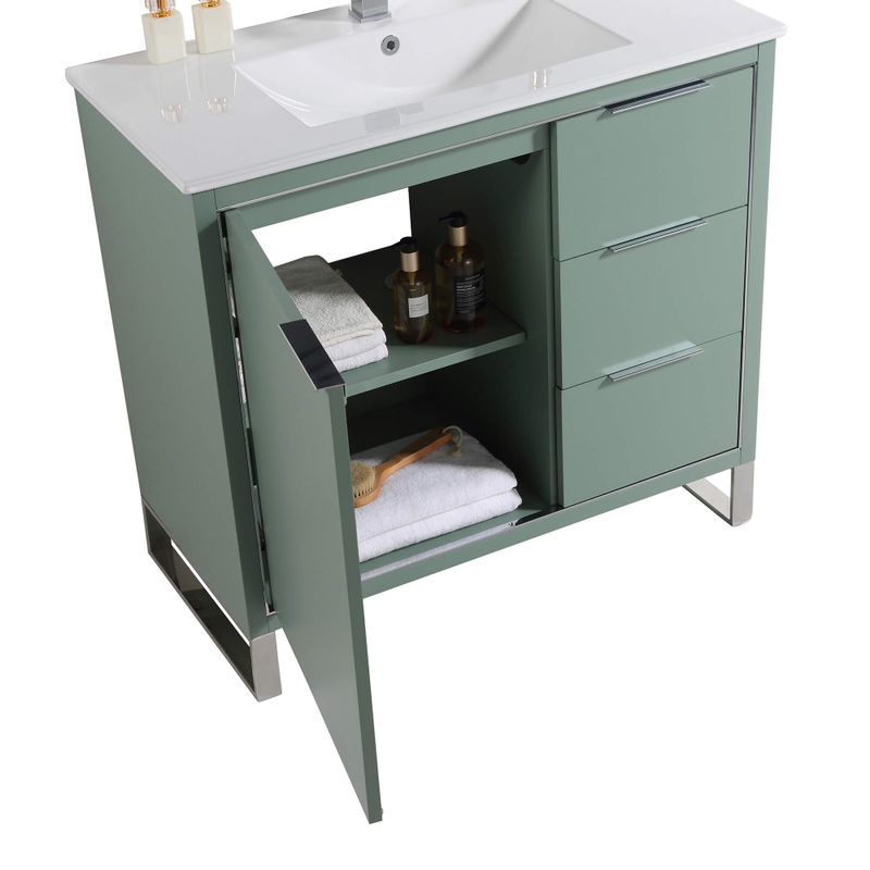 Fine Fixtures Opulence Collection Bathroom Vanity with White Ceramic Sink - 36 Inch - Mint Green - Chrome Hardware