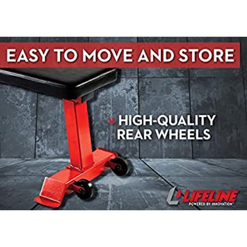 Lifeline Flat Weight Bench Heavy Duty 11-Gauge Steel with Transport Wheels and Handle for Home Gym Workouts