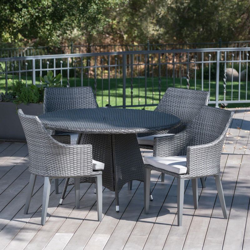 Hillhurst Outdoor 5-piece Round Wicker Dining Set with Cushions & Umbrella Hole by Christopher Knight Home - Grey