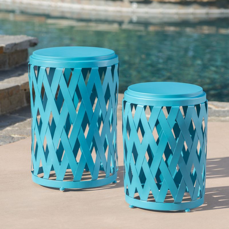 Selen Outdoor 12-inch and 14-inch Lattice Nested Side Table Set by Christopher Knight Home - Matte Teal