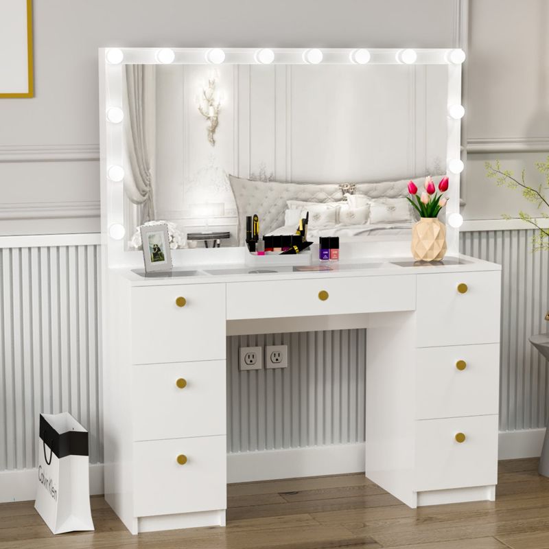 Boahaus Yara Lighted Vanity with Glass Top (White) - White-Crystal Knobs