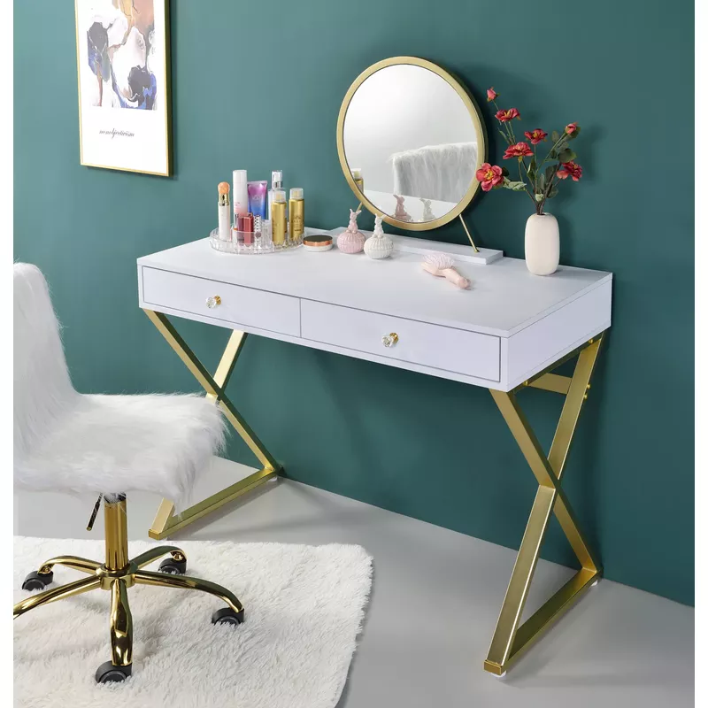 ACME Coleen Vanity Desk w/Mirror & Jewelry Tray, White & Gold Finish