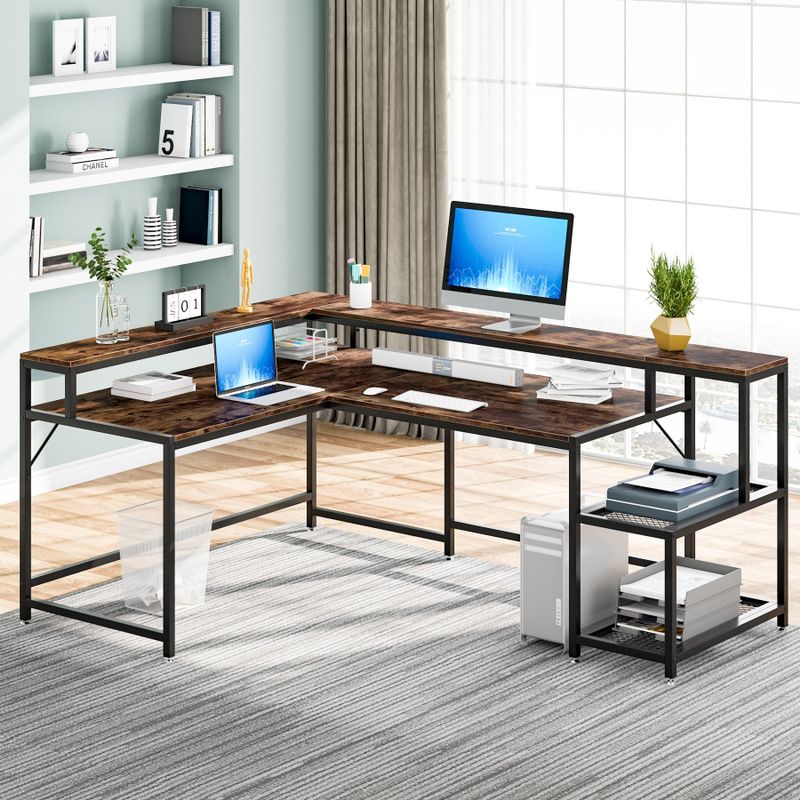 Industrial L-Shaped Desk with Storage Shelves, Corner Computer Desk PC Laptop Study Table Workstation - Grey