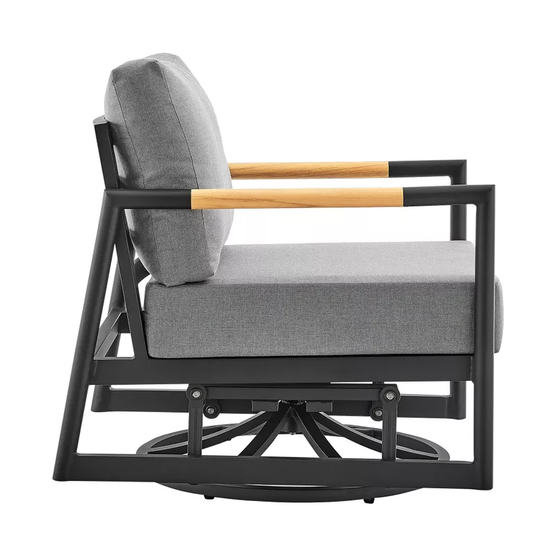 Royal Outdoor Patio Swivel Glider Lounge Chair in Black Aluminum and Teak Wood with Cushions
