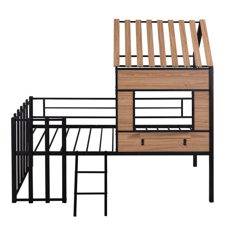 Nestfair Metal Twin size Loft Bed with Roof and Guardrail - Black