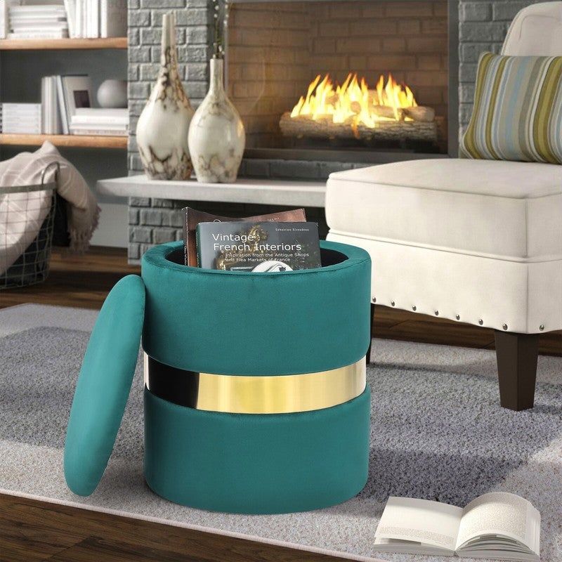 Adeco Set of 2 Velvet Storage Round Ottoman Foot Stool Metal Band - Teal