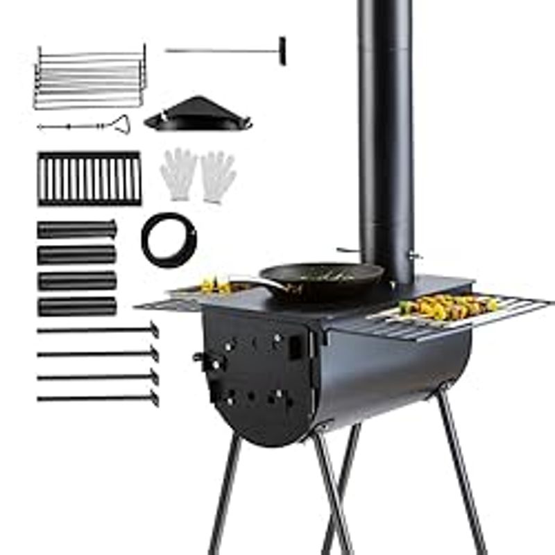 VEVOR Wood Stove, 118 inch, Alloy Steel Camping Tent Stove, Portable Wood Burning Stove with Chimney Pipes & Gloves, 3000inFirebox Hot...