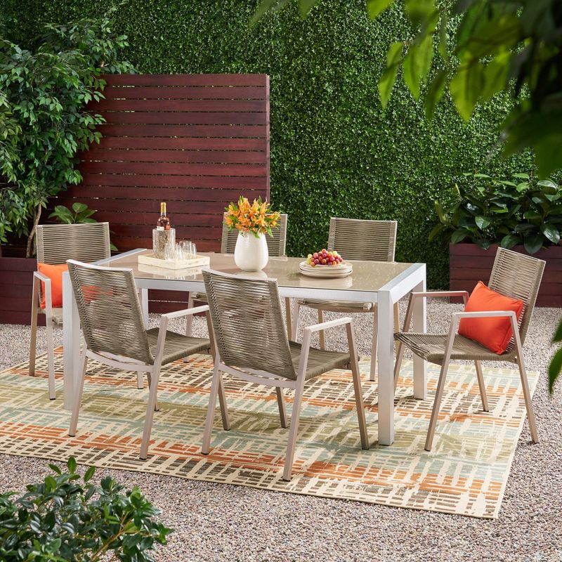 Lazuli Outdoor Modern 6 Seater Aluminum Dining Set with Tempered Glass Table Top by Christopher Knight Home - Gray + Silver + Taupe