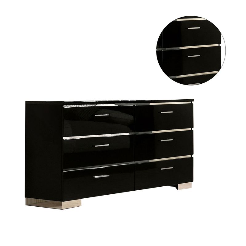 Metal and Wood Dresser with 6 Drawers in Black Finish - Black, Chrome - 6-drawer