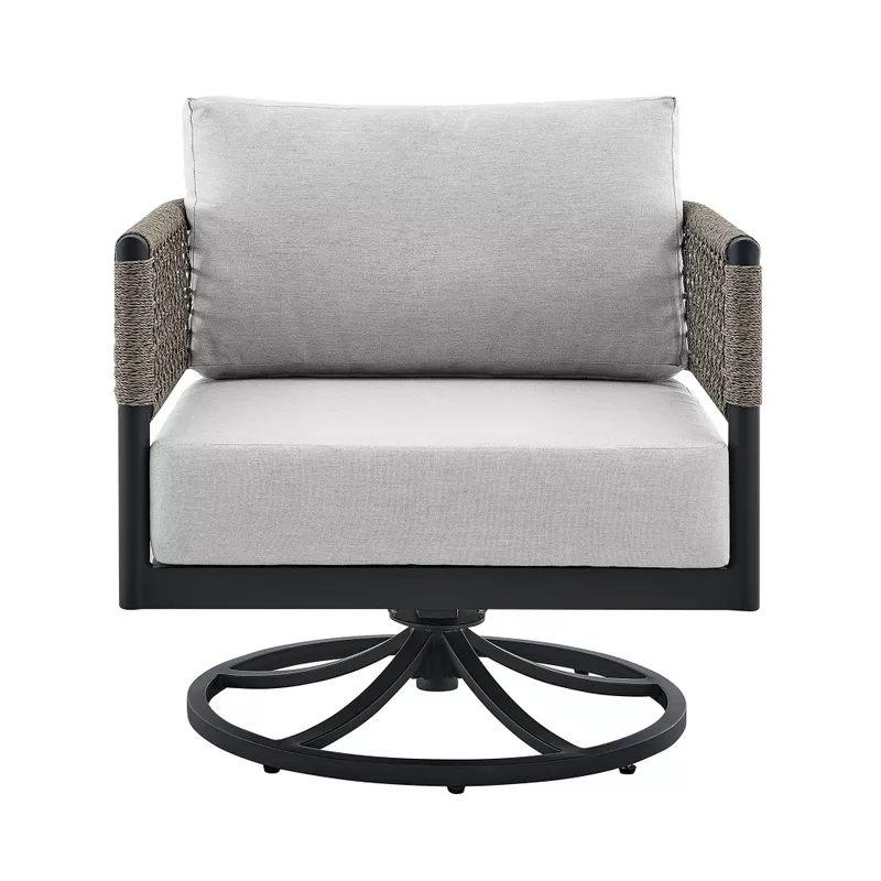 Felicia Outdoor Patio Swivel Rocking Chair in Black Aluminum and Grey Rope with Cushions