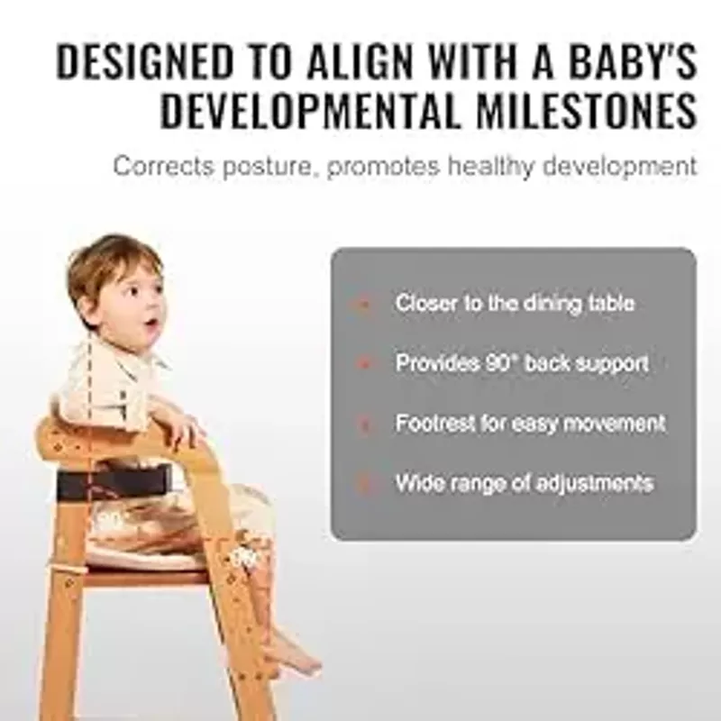 VEVOR Wooden High Chair for Babies & Toddlers, Convertible Adjustable Feeding Chair, Eat & Grow High Chair with Seat Cushion, Portable Baby Dining Booster Seat, Beech Wood Toddler Chair, Natural