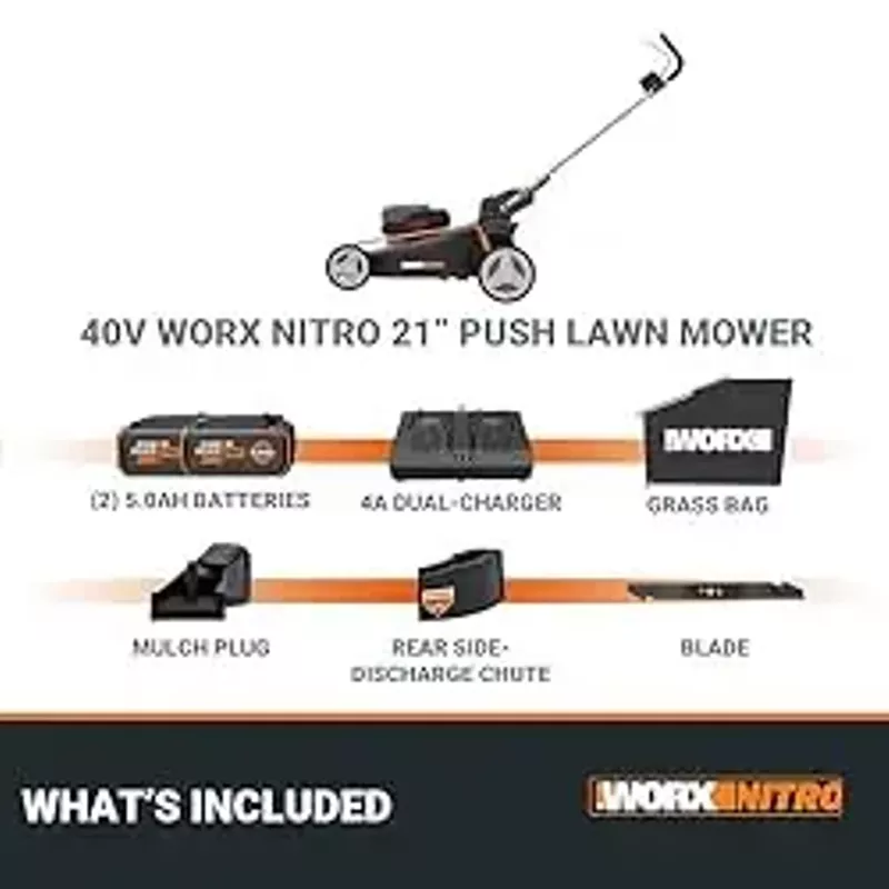 Worx Nitro 40V 21" Push Lawn Mower w/Aerodeck & IntelliCut, Brushless Battery Lawn Mower Up to 1/2 Acre, Cordless Lawn Mower w/ 7-Position Height Adjustment WG752 - Batteries & Charger Included