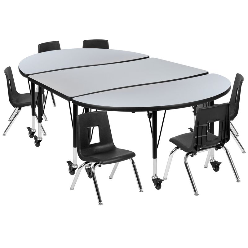 Mobile 76" Oval Wave Collaborative Laminate Activity Table Set with 14" Student Stack Chairs, Grey/Black - Oak