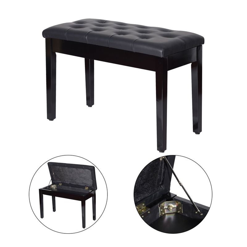 HOMCOM Traditional Country Birchwood Faux Leather Padded 2 Person Piano Bench - Black - Black
