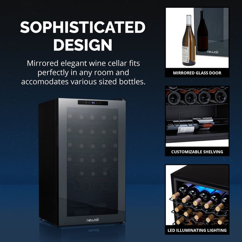 Newair Shadow Series Wine Cooler Refrigerator 34 Bottle, Freestanding Mirrored Wine Fridge with Compressor Cooling - Black
