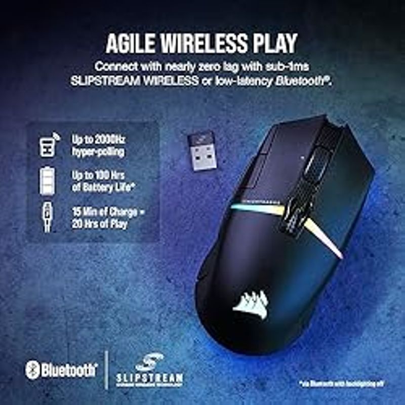 Corsair NIGHTSABRE RGB Wireless Gaming Mouse for FPS, MOBA - 26,000 DPI - 11 Programmable Buttons - Up to 100hrs Battery - iCUE...