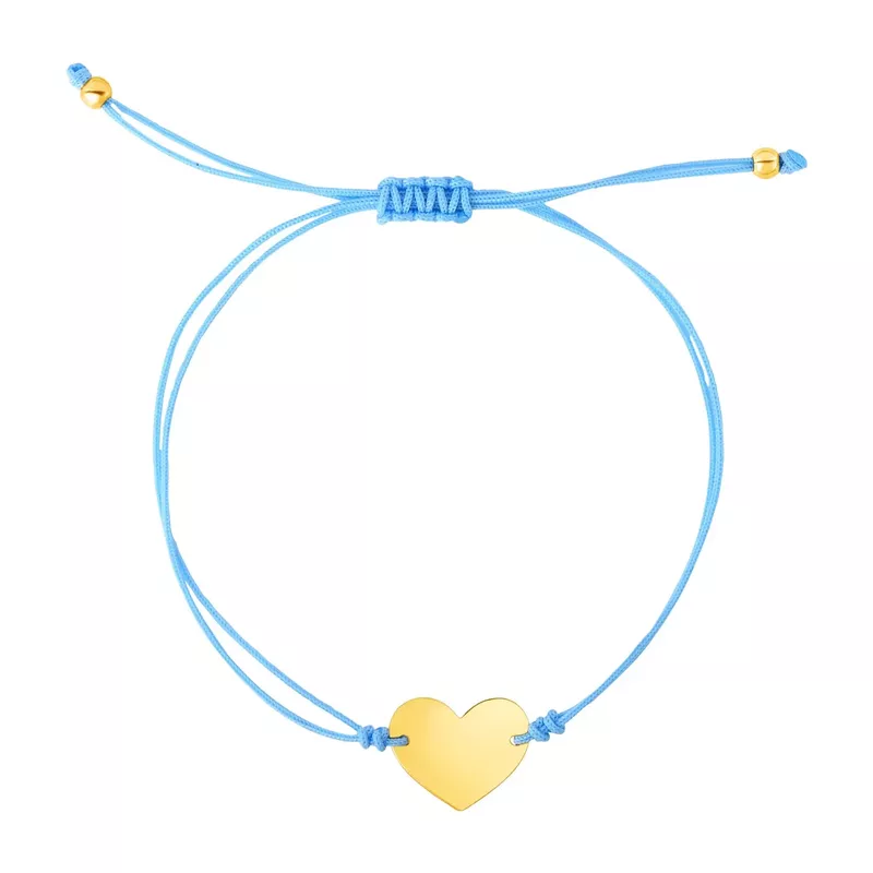 9 1/4 inch Blue Cord Adjustable Bracelet with 14k yellow Gold Heart