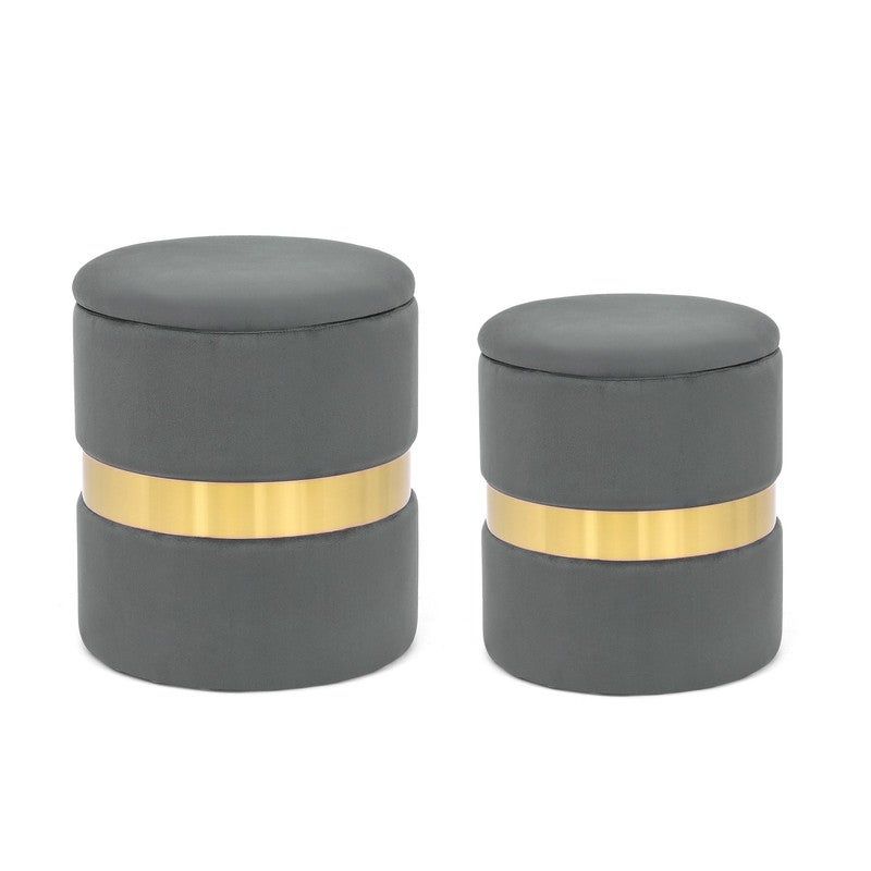 Adeco Set of 2 Velvet Storage Round Ottoman Foot Stool Metal Band - Teal