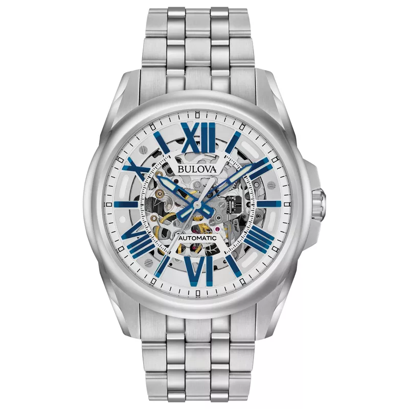 Bulova - Mens Automatic Silver Stainless Steel Watch Skeleton Dial