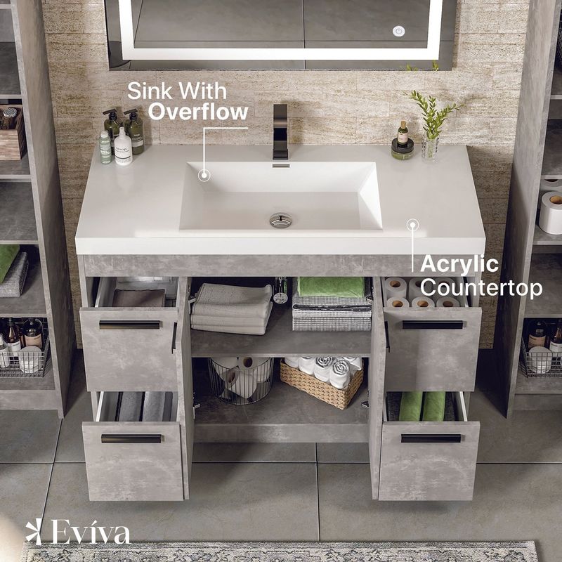 Eviva Lugano 48 inch Cement Gray Modern Bathroom Vanity with White Integrated Acrylic Top - Grey - Wood Finish