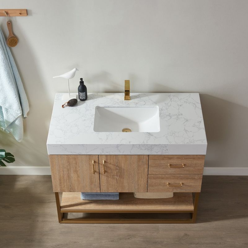 Alistair 42" Vanity with White Grain Stone Countertop Without Mirror - Wood Finish - Oak - Single Vanities