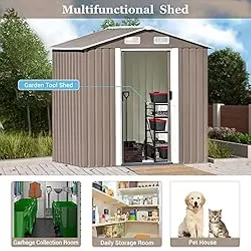 Acosure 6x4FT Waterproof Garden Storage Shed,Outdoor Metal Tool Cabinet with Vents and Lockable,Easy to Install,Door for Backyard,Lawn,Patio,Brown