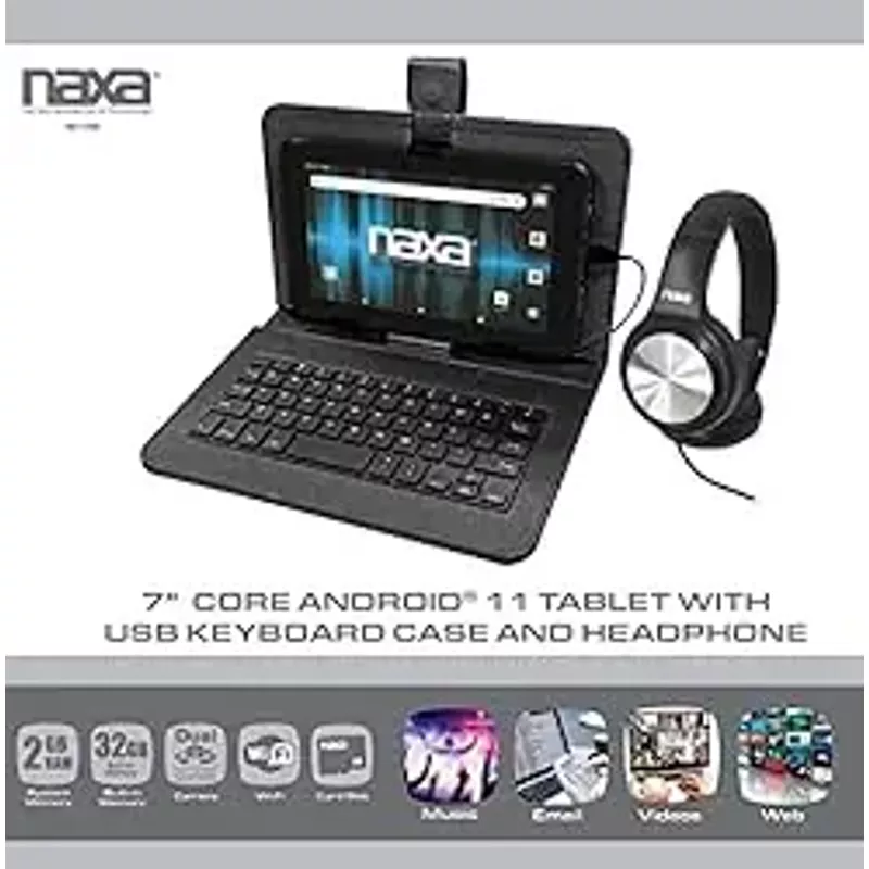 Naxa NID-7056 Android 11 Tablet with 7” HD TN Screen USB Keyboard Case and Headphone, 1.6 GHz Quad Core Processor, 2GB Ram, 32GB Storage, Front and Rear Cameras, Speaker and Microphone, Black