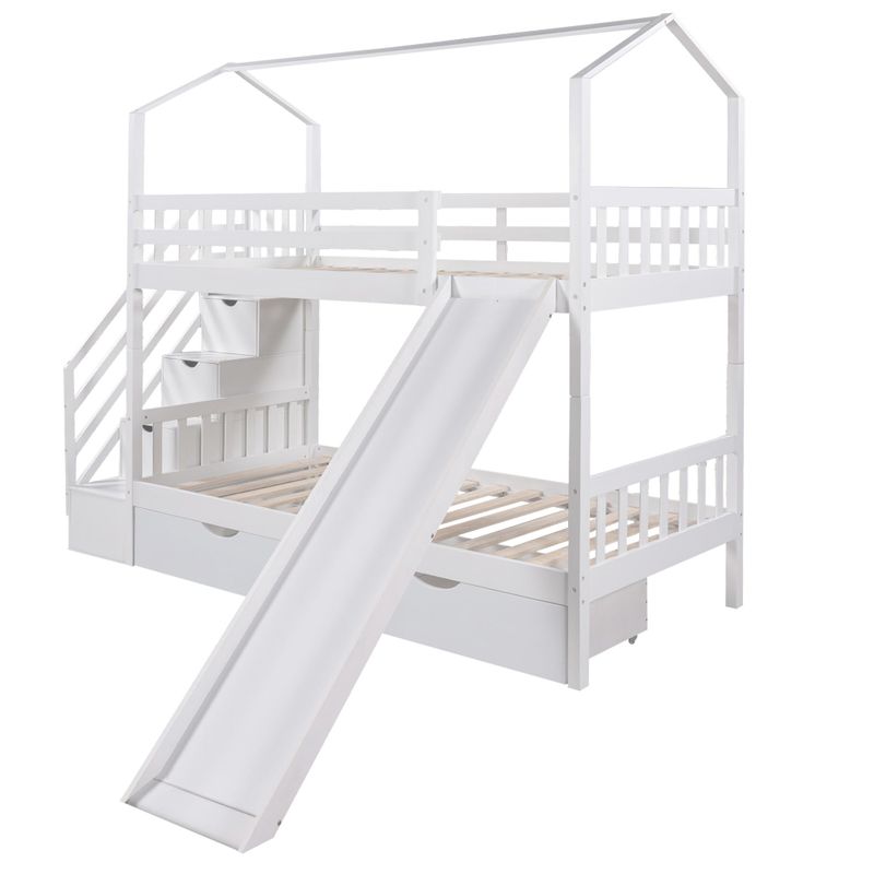 Nestfair Twin over Twin House Bunk Bed with Two Drawers and Slide - Grey