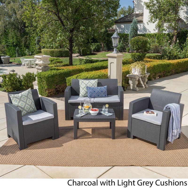 Daytona Outdoor 4-piece Wicker-style Chat Set with Cushion by Christopher Knight Home - Grey