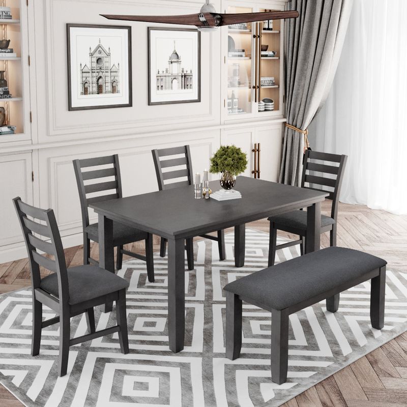Dining Room Table and Chairs with Bench, Rustic Wood Dining Set - Grey