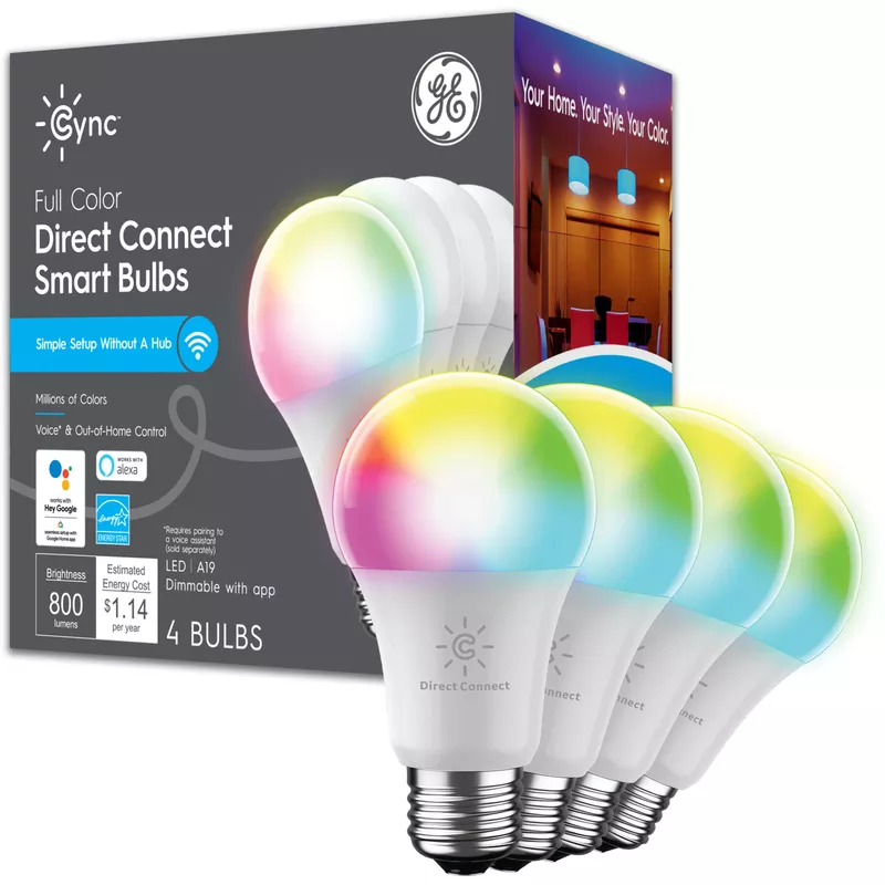 GE - Cync Direct Connect Light Bulbs (4 A19 LED Color Changing Light Bulbs), 60W Replacement - Full Color