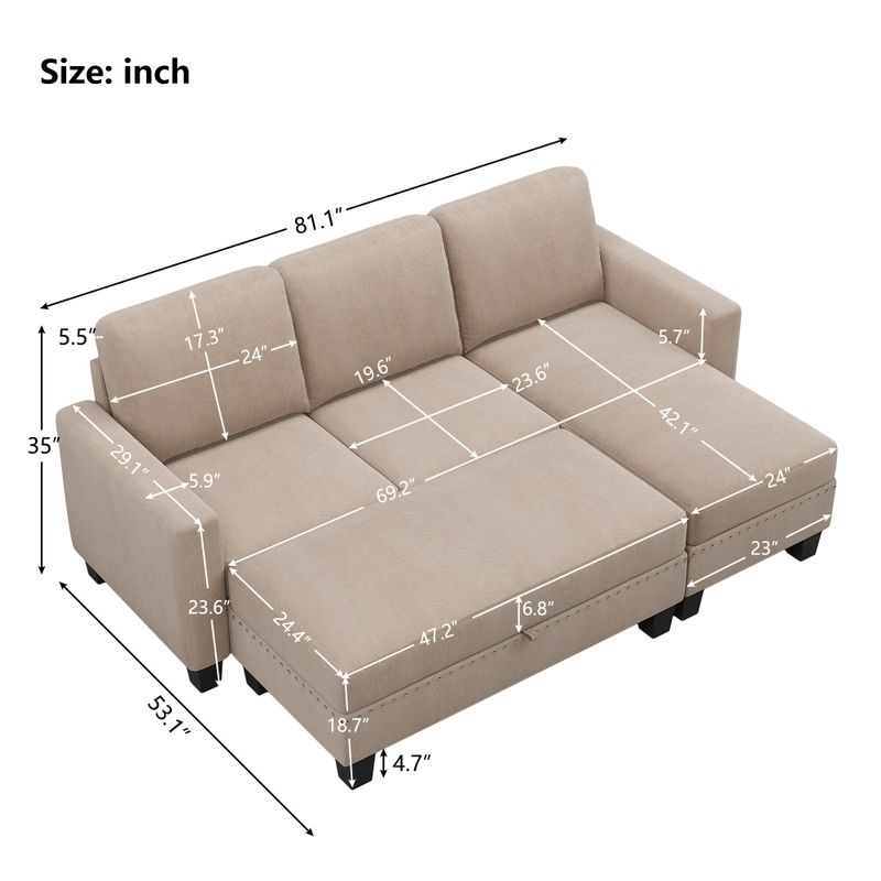 81"Reversible Sectional Couch with Storage Ottoman - warm Gray