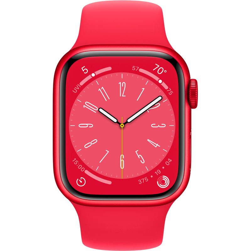 Angle Zoom. Apple Watch Series 8 (GPS) 41mm Aluminum Case with (PRODUCT)RED Sport Band - M/L - (PRODUCT)RED