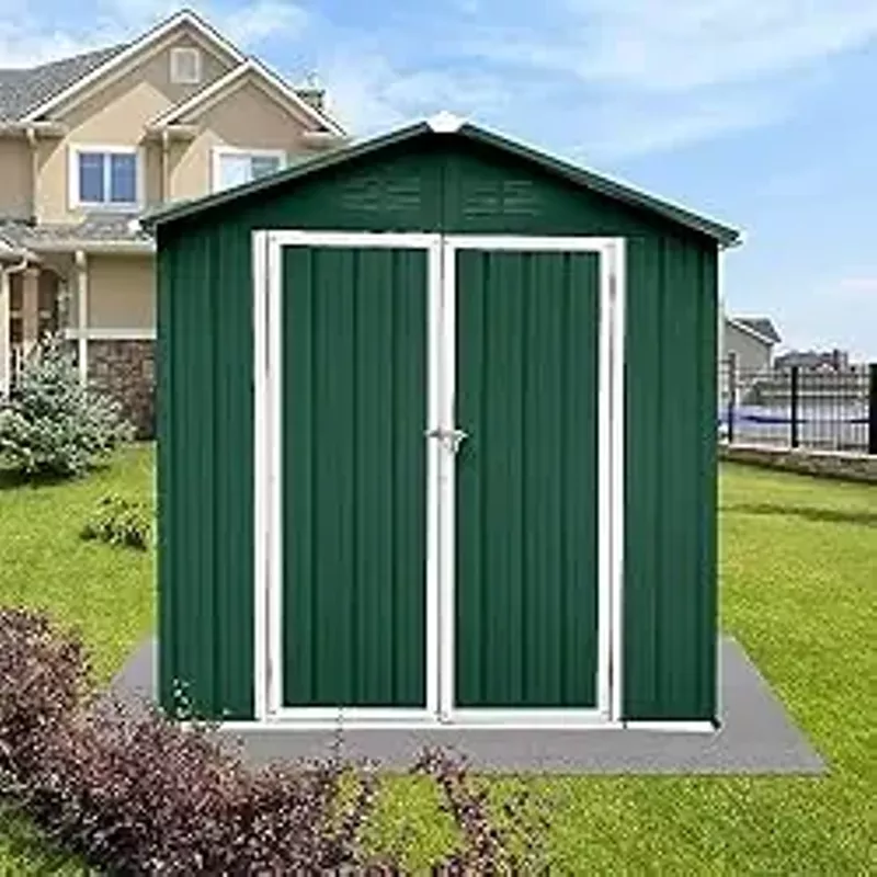 HBRR 4x6 FT Outdoor Metal Storage Sheds with Apex Roof, Single-Storey Waterproof Roofed Structure Garden Shed with Lockable Doors, for Backyard Patio Lawn, White+Green