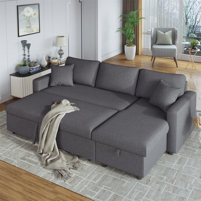 Merax Upholstery Sleeper Sectional Sofa with Storage Space, 2 Tossing Cushions - Grey