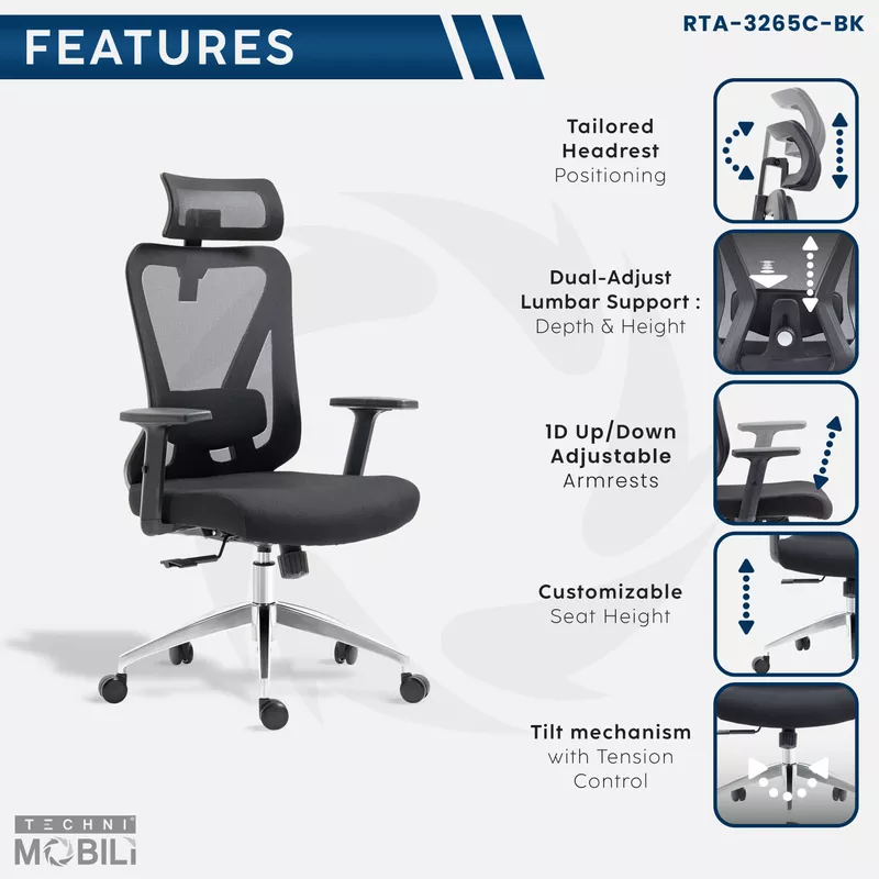 Truly Ergonomic Mesh Office Chair with Headrest & Lumbar Support, Black
