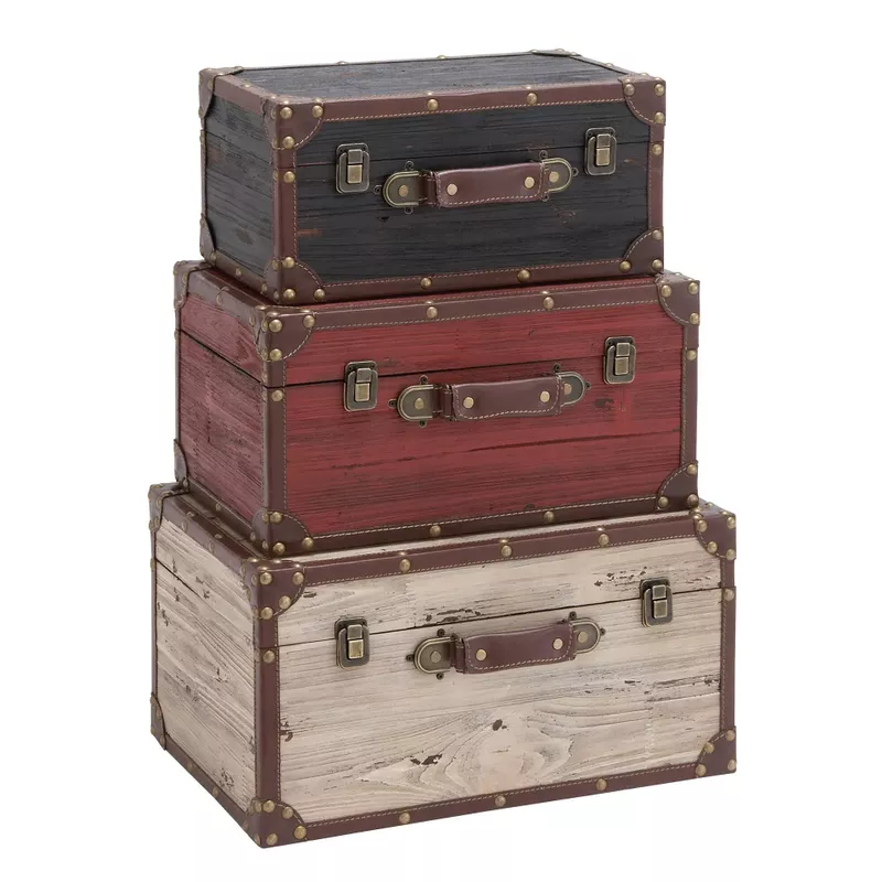 Set of 3 Farmhouse Wooden Trunk Style Boxes by Studio 350 - Red - Red