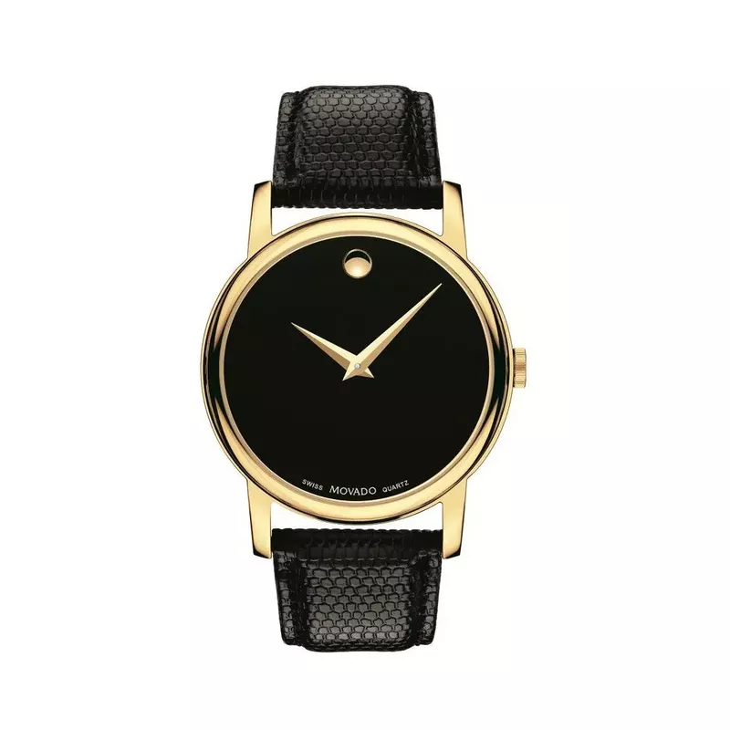 Movado - Mens Museum Classic Gold & Black Textured Leather Strap Watch Black Dial