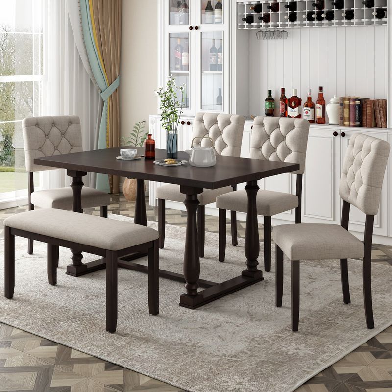 Nestfair 6-Piece Dining Table Set with Special-shaped Legs and Cushioned Seat - Grey