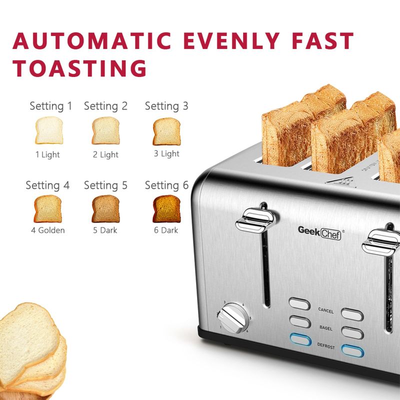 4 Slice Toaster Extra-Wide Slots Stainless Steel Toaster - Black/Silver