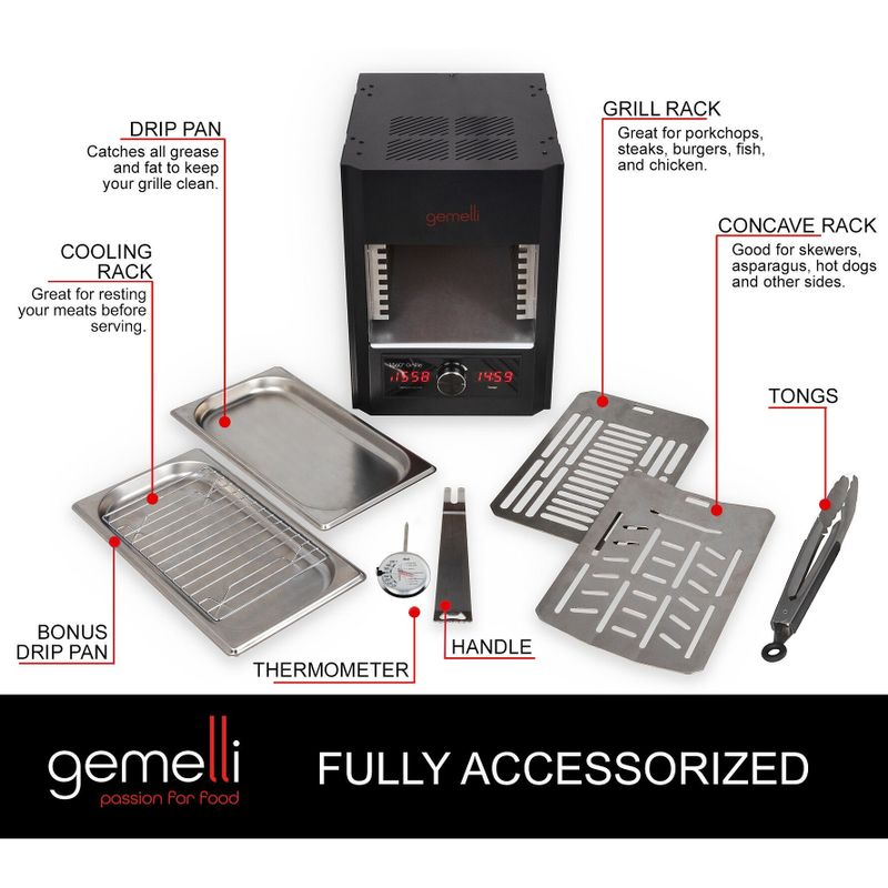 Gemelli Gourmet Steak Grille (1600 Watt), Infrared Superheating Up to 1560 Degrees, Cool-Touch Exterior, Electric Grill (Black) - Black