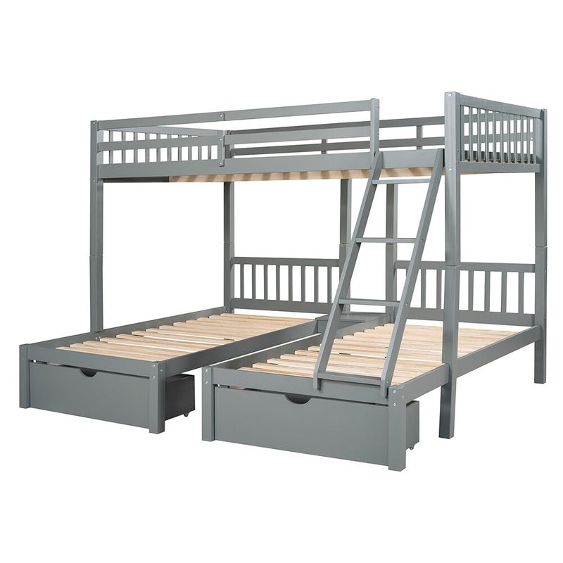 Wood Triple Bunk Bed with Drawers and Guardrails - Grey - Full