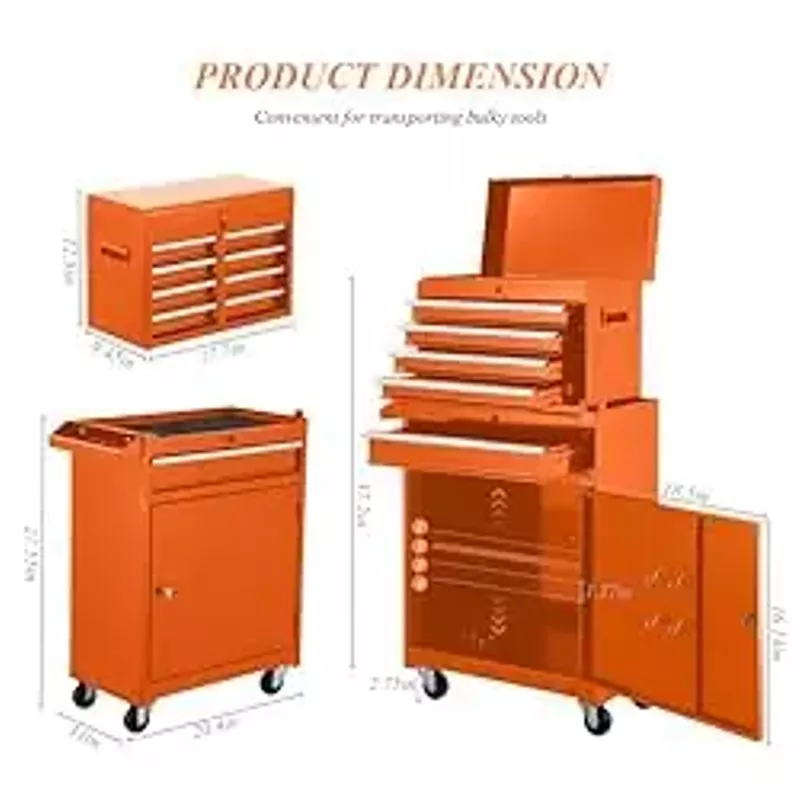Large Tool Box,5 Drawer Orange Rolling Tool Chest On Wheels with Snap on Tool Box Top Chest,Locking Mechanic Tool Cabinets for Garage,Workshop,Repair Shop