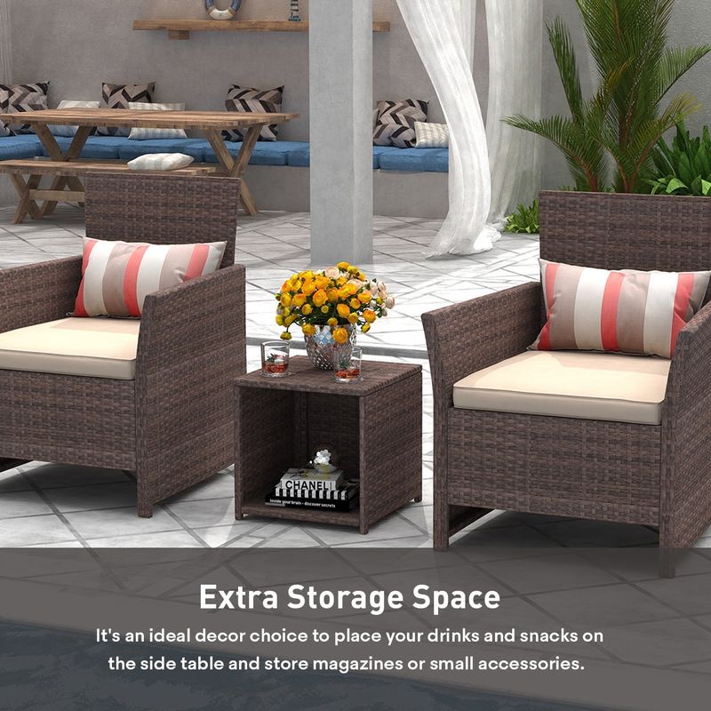 3-Piece Patio Bistro Set Wicker  Outdoor Rattan Chairs and Storage Table - Brown