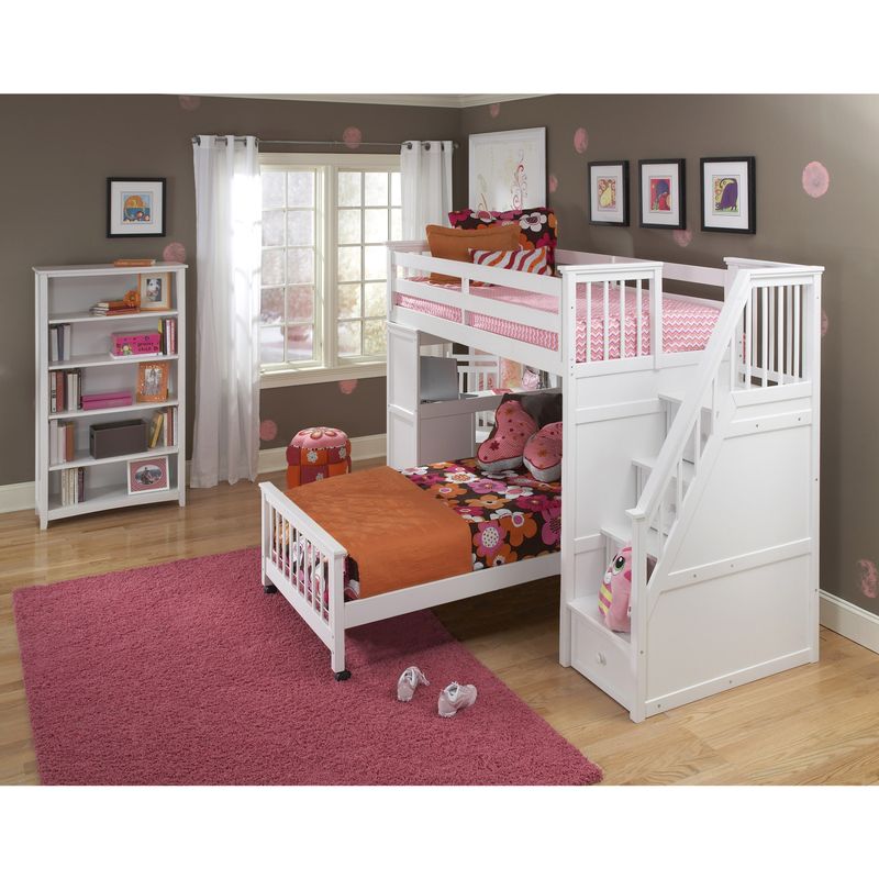 NE Kids School House Stair Loft with Desk End and Full Lower Bed White - Stair Loft w/Desk End & F. Lower Bed White